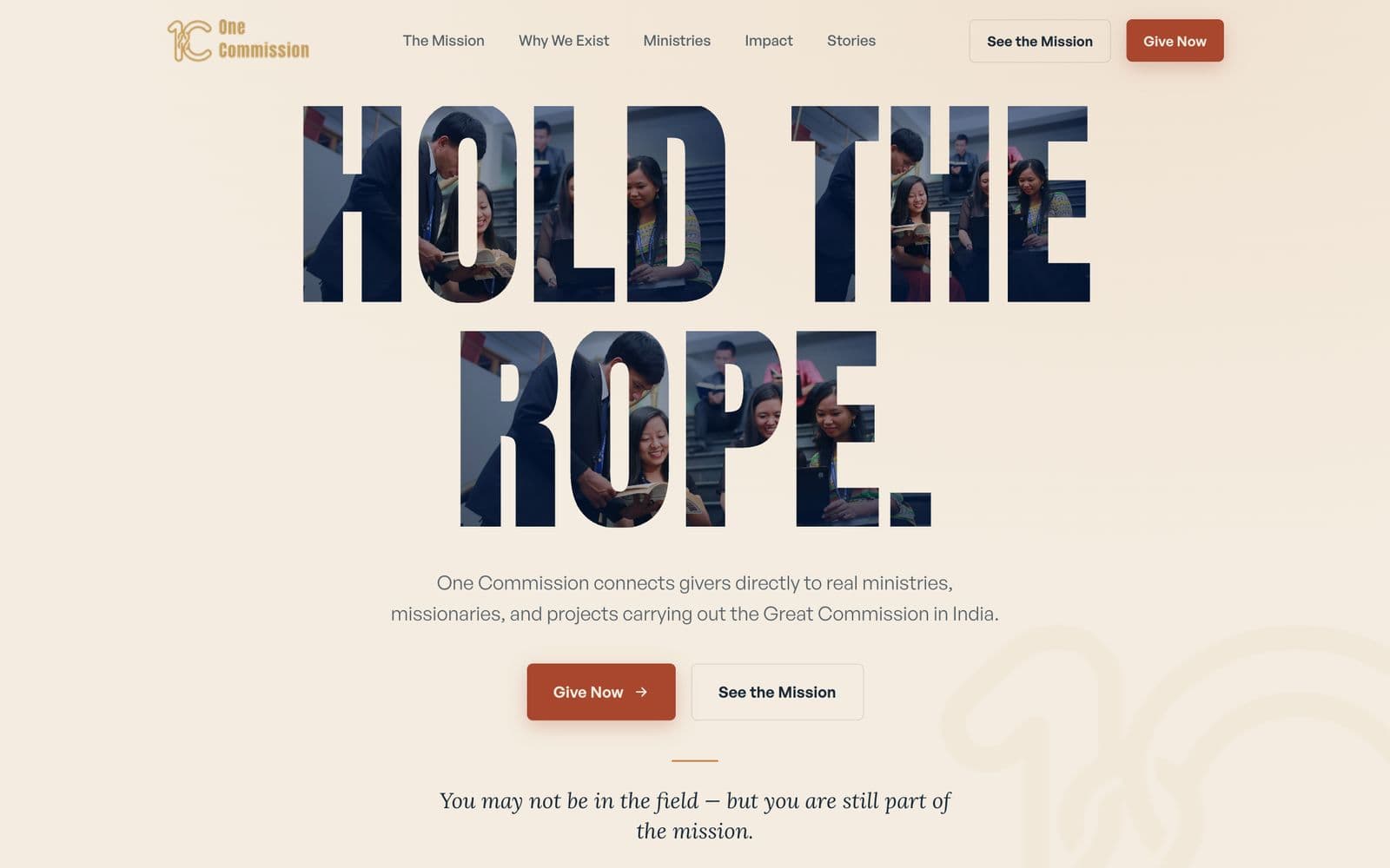 Missions nonprofit website, screen 1
